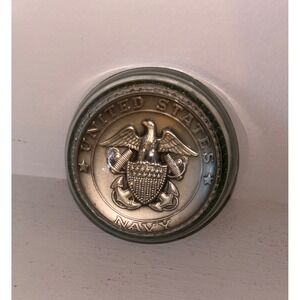 Vintage United States Navy Glass Paperweight Silver Tone Metal Crest Insignia